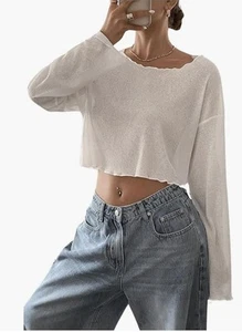 Women's Mesh Sheer Drop Shoulder Lettuce Trim Crop Tops Loose Streetwear Long Sl - Picture 1 of 10