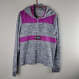 Victoria’s Secret PINK Hoodie Pullover Quarter Zip Gray Purple Logo Size Large - Picture 1 of 5