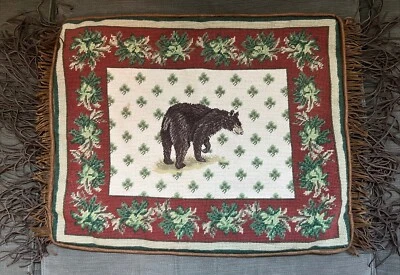 Needlepoint Wool Bear Throw Pillow Case Fringe Leather Rustic Lodge Cabin Decor - Image 1 of 4