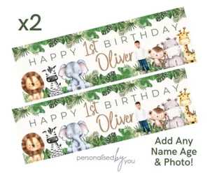 2x FOTOS PERSONALIZADAS ANIMALES DE SAFARI SALVAJE Bandera de cumpleaños GRANDE Niños Fiesta - Imagen 1 de 1