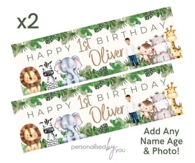 MADVINYL 2x FOTO PERSONALIZZATE ANIMALI SELVAGGI SAFARI Banner Compleanno GRANDE Festa Bambini