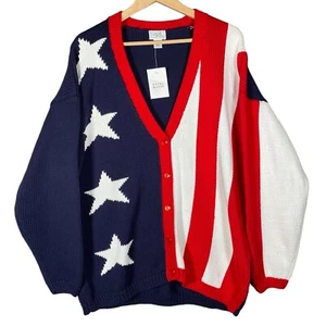 Vintage 90s Sweater Women XL American Flag USA Stars Patriotic Cardigan Chunky - Picture 1 of 13