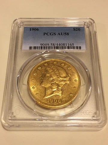 1906 $20 PCGS AU58 Liberty Double Eagle Gold Coin great appeal lustrous PQ Cover