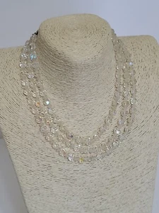 VINTAGE TRIPLE STRAND CLEAR AB GRADUATED FACETED CRYSTAL BEADED NECKLACE - Picture 1 of 13