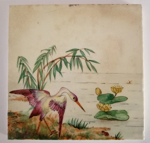 Vintage Antique Artist Tile Asian Crane Bird Art Pottery Ceramic Hand Painted Cover