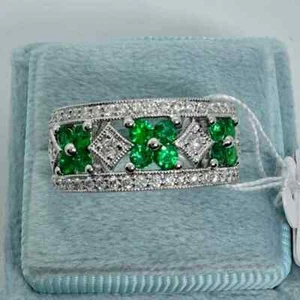 2Ct Round Cut Lab-Created Emerald Art Deco Antique Ring 14K White Gold Plated - Picture 1 of 10