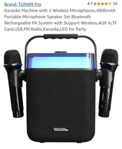 Tuman Pro Karaoke Machine with 2 Wireless Microphones,4800mAh Portable - Picture 1 of 5
