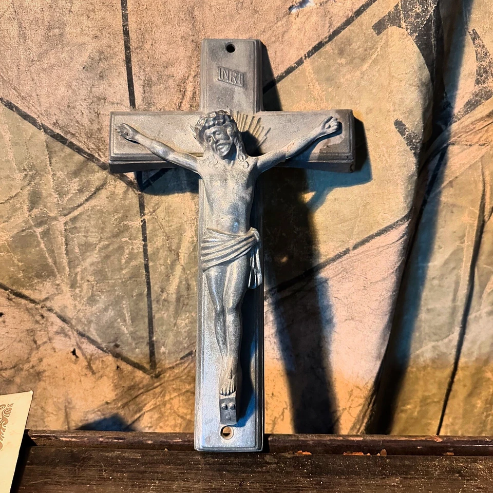 1940s Antique Cross Aluminum Christ Scared Heart Folk Art Country Home Porch - Image 1 of 4