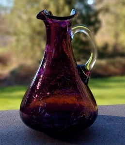 Vintage Pilgrim Crackle Glass Pitcher, Amethyst / Purple, Clear Handle, 4.5” - Picture 1 of 7