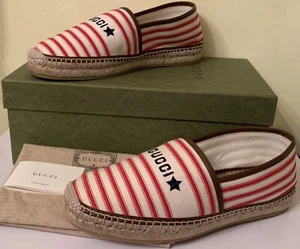 GUCCI 692968 Mens Canvas Red striped Signature Moccasin, Espadrilles G 10 US 11 - Picture 1 of 12