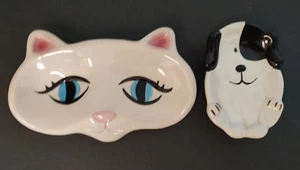 Set of 2 Cute Ceramic Cat and Dog face Trinket Dish - Picture 1 of 9