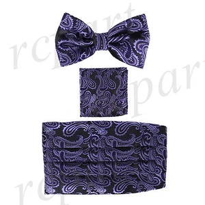 New Brand Q  Polyester Paisley Cummerbund Bowtie Hankie Set Wedding Black Purple - Picture 1 of 6
