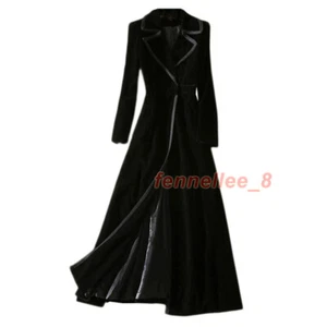 Womens Black Velvet Suit Lapel Collar Coats Trench Slim Maxi Outwear Overcoat - Picture 1 of 24