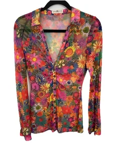 Natural Life Carina Women Sheer Floral Button Top Boho Mesh Medium Festival - Picture 1 of 10