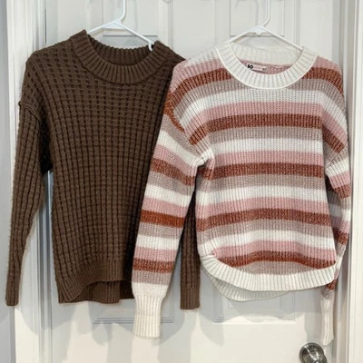 SO Long Sleeve Crew Neck Comfy Brown &Striped Sweaters Set Juniors Women Sz S-M - Image 1 of 4