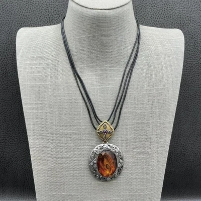 Chico's Statement Pendant Necklace Womens Multistrand Black Amber Silver Tone - Image 1 of 4