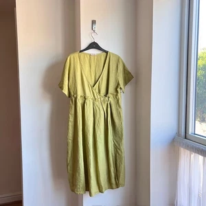 Vintage Y2K 90s 100% Linen Wrap Dress M L Minimalist Lagenlook Toast Style - Picture 1 of 21