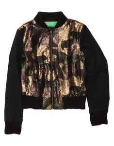 BENETTON Womens Crop Bomber Jacket UK 10 Small Black Camouflage Polyester DA34 - Picture 1 of 3
