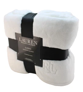 NWT RALPH LAUREN Queen Size Bright White LRL Embroidered Logo Micromink Blanket - Picture 1 of 7