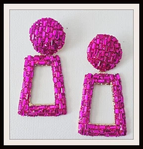Extra Large Fuchsia Colored Crystal Chandelier Hoop Earrings Drag Queen Pageant - Picture 1 of 1