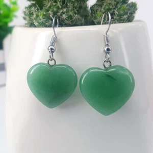 New Heart Earrings Natural Green Aventurine Gemstone Crystal Earrings Opal Alloy - Picture 1 of 15