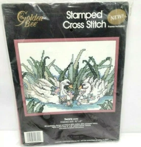 Golden Bee Canadamar Swans Stamped Cross Stitch 10" X 8" Frame #20392 - Picture 1 of 2