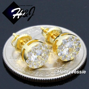 925 STERLING SILVER 8MM BLING CUBIC ZIRCONIA ROUND GOLD PLATED STUD EARRING*G143 - Picture 1 of 3