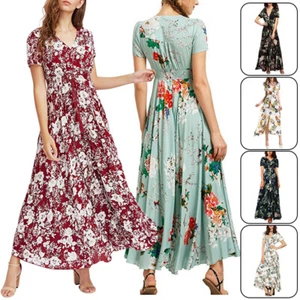 Women Floral Summer Boho Maxi Dress V Neck Casual Holiday Sundress Long S-5XL - Picture 1 of 18