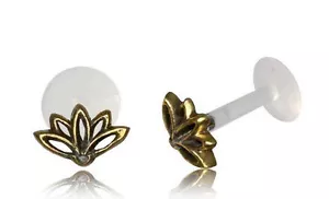 MESSING LOTUS BLUME TRAGUS HELIX 16G 1/4" Zoll 6mm INNEN BIOPLAST LABRET LAPPEN - Bild 1 von 2