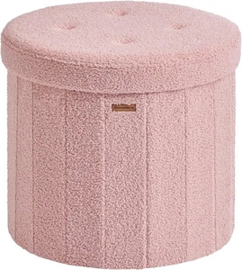 Jelly Pink Teddy Fleece Round Storage Ottoman Foldable Footstool 46cm - Picture 1 of 9