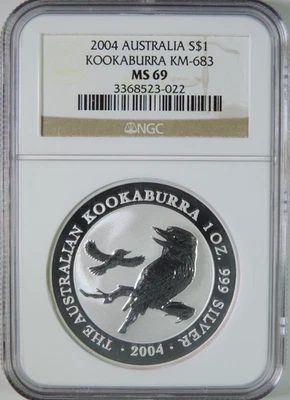 2004 Australia Kookaburra 1oz .999 Silver $1 Coin KM-683 NGC MS69 - Image 1 of 4