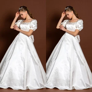 Elegant Wedding Dresses Square Neck Short Sleeves White Ivory Satin Bridal Gowns - Picture 1 of 9