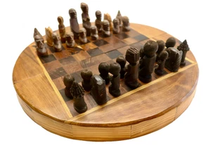 Vintage Makonde African Chess Set – Hand-Carved 14″ Round Board Fertility Queen - Picture 1 of 14