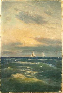 Morozow 1936 Russische Maler Antike Ölgemälde Offenes Meer mit Segelbooten - Bild 1 von 6