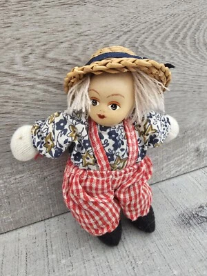 SPRINGFORD INC Porcelain Faced Doll 5" Country Person Farmer Straw Hat Rustic - Image 1 of 4