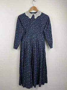 Vintage Laura Ashley Midi Dress Lace Cotton Ditsy Floral Blue UK 10 - Picture 1 of 12