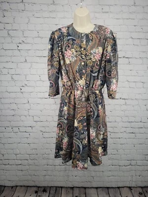 VTG California Looks Elastic Waist Button Up Front Floral 3/4 Sleeve Dress 14 - Image 1 of 4