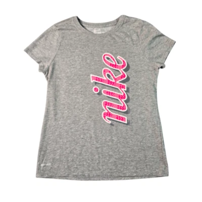 Camiseta Nike Dri-Fit Niñas LG Gris Rosa Logo Manga Corta Atlética Informal Crew Foto 1 de 4
