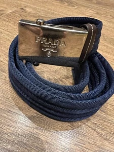 PRADA Canvas Belt Woven Navy Silver Buckle Logo Made In Italy Size L 38” - Picture 1 of 10