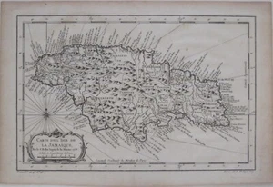 Original 1758 Jacques-Nicolas Bellin Karte JAMAIKA Kompass Rosentitel Kartusche - Bild 1 von 10