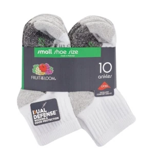 Boy's Fruit of the Loom Socks Ankle White/Gray (Shoe Size 4.5-8.5) Small 10 Pk - Picture 1 of 4