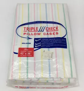 2 Vintage Pastel Striped Muslin Pillowcases Triple Check CG Murphy NOS 42” x 36” - Picture 1 of 6