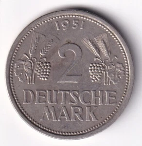 Germany 1951J 2dem Two Deutsche Mark Copper-Nickel Coin Hamburgishe Munze Mint - Picture 1 of 2
