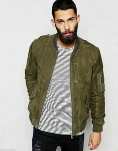 CLASSIC New Men's Green Sleeve Zipper Jacket 100% Soft Sheepskin Slim Fit Jacket - Picture 1 of 3