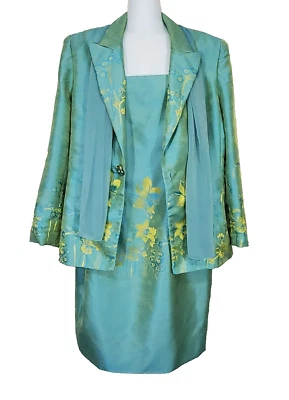 Conjunto de traje de vestir Nahdree Victor Costa para mujer 12 3 piezas blazer verde dorado floral lirio Foto 1 de 4