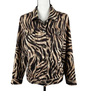 Carole Little Women's Blazer Jacket 1X Brown Tan Linen Animal Print Button Up - Picture 1 of 12