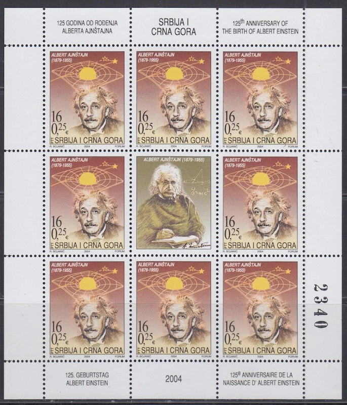 SERBIA SC #243.1 CPL MNH HOJA COMPLETA de 9 + ETIQUETA 125º ANN NACIMIENTO ALBERT EINSTEIN Foto 1 de 1