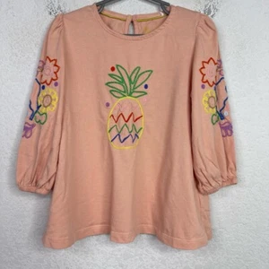 Mini Boden Shirt Girls 5-6Y Peach Embroidered Pineapple Floral Boho Whimsical - Picture 1 of 9