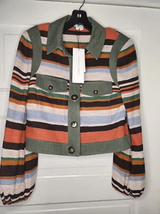 Talla 14 NUEVO CON ETIQUETAS VERONICA BEARD Chaqueta LORELAI Verde Rayas Bombardero Manga Abullonada Mujer - Imagen 1 de 14