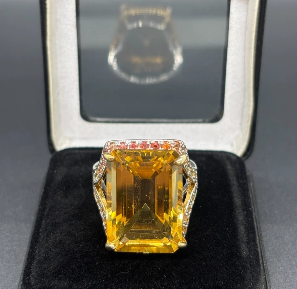 Anillo masivo de 27,49 quilates citrino y zafiro naranja plata 925 24K GP - Certificado Foto 1 de 4